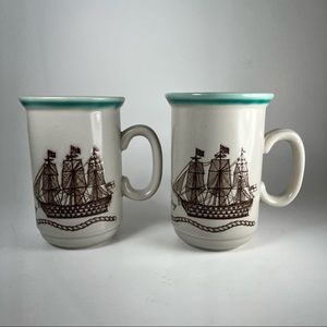 Vintage Churchill England HMS Victory Mugs Sail Ship Celtic Knot Cup Set of 2